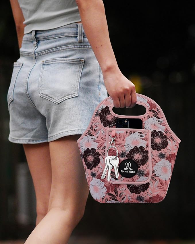 Sports Rabbit Neoprene Insulated Lunch Bag for Women - Front Pocket for Phone&Keys - Reusable, Foldable, Lightweight, Waterproof, Easy to Store & Clean - Ideal for Work, Travel & Picnics (Pink Floral)