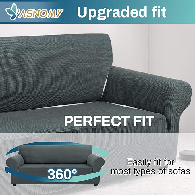 Asnomy Couch Covers for 3 Cushion Couch Stretch Sofa Covers Slipcovers, Pet Protector Furniture Covers for Dogs Cats Spandex Jacquard Fabric Small Checks （Large，Gray）