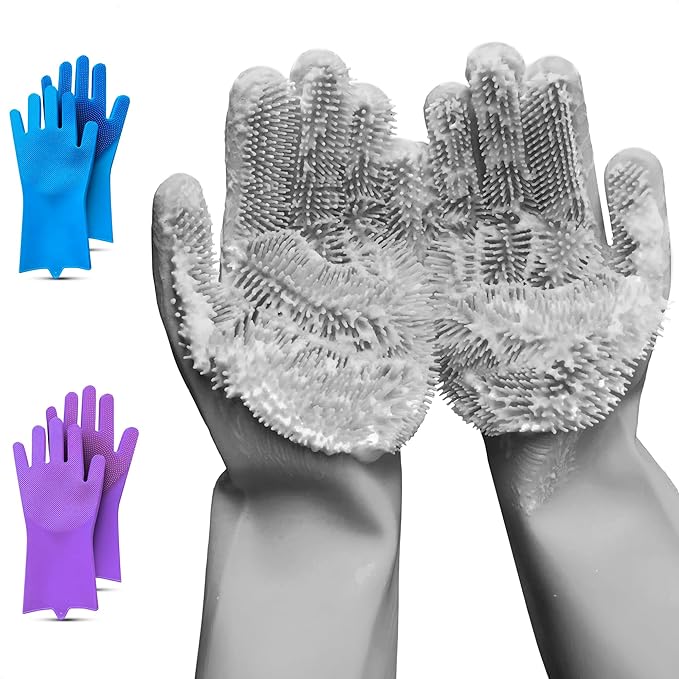 RZleticc Silicone Dish Gloves with Scrubbers – Thick Tear-Resistant Cat & Dog Washing Gloves for Bathing – Multi-Purpose Use