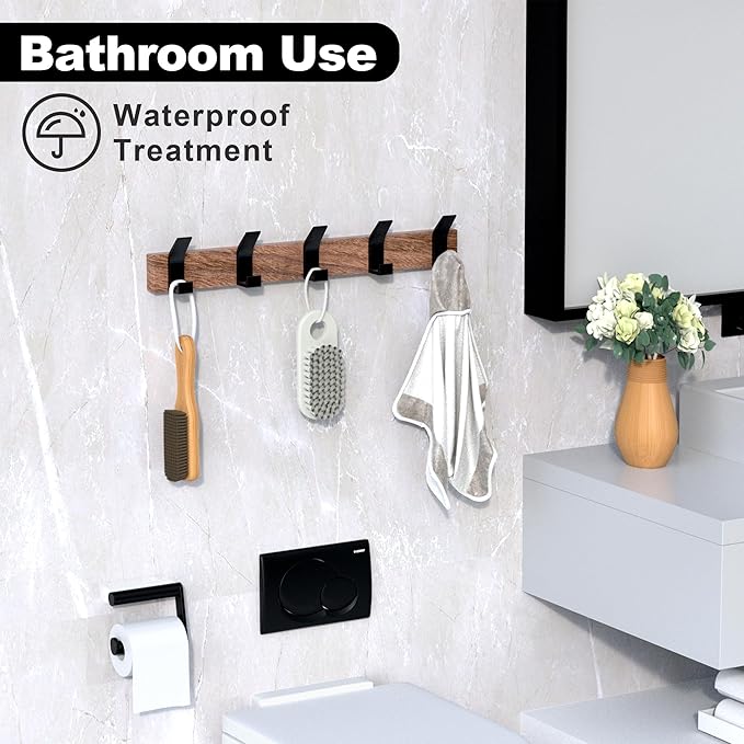 IURRDOP 17 Inch Black Walnut Wood Wall Mounted Coat Rack with 4 Black L Hooks, Adhesive Mounted Entryway Hooks, Modern Natural Wooden Pegs for Hanging Coat Clothes Hat Bag Purse Key and Towel