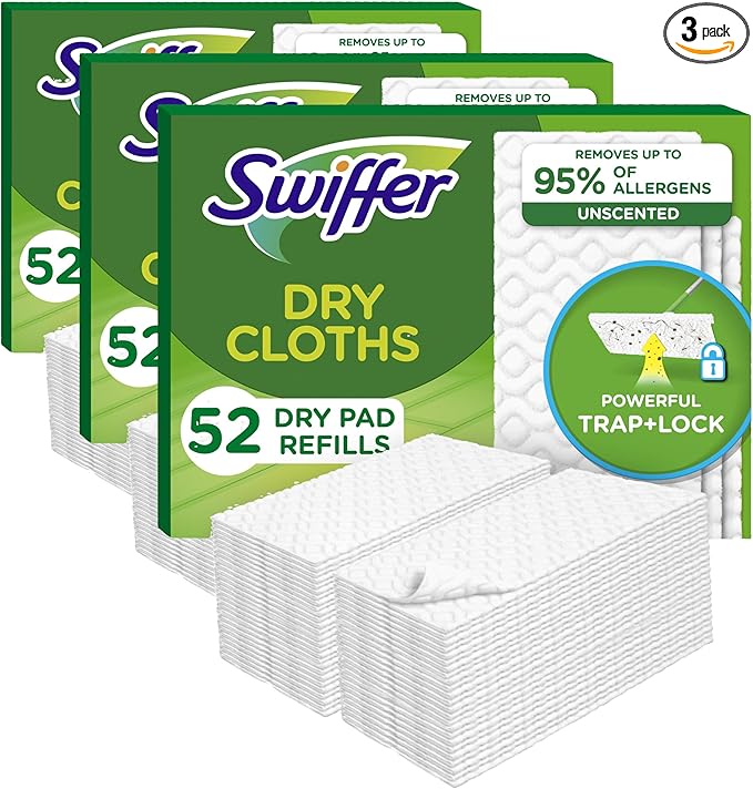 Swiffer Sweep + Mop,Dry Pads Refill,Floor Cleaner for Dirt,Dust,Hair,Cleaning Cloths for Mopping Home,Bathroom,Kitchen,Dust Mop,Floor Duster,Unscented,52ct,(Pack of 3)