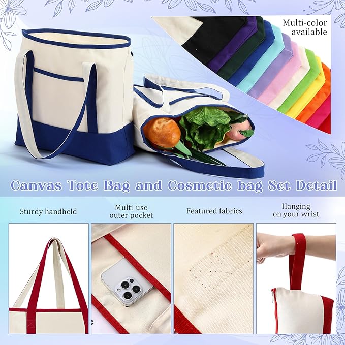 Sanwuta Canvas Tote Bags Bulk with Outer Pocket and Makeup Pouch 18'' Reusable Grocery Bags with Handles for Women Beach DIY