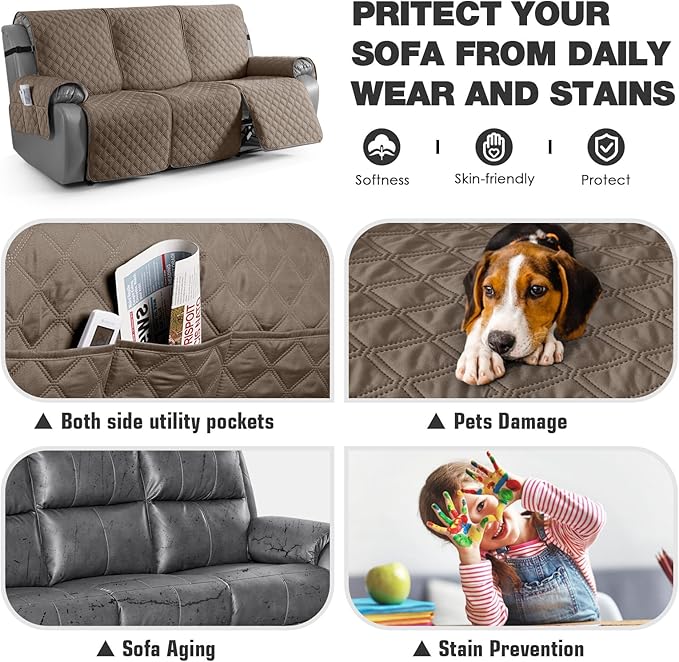 TAOCOCO 100% Waterproof Recliner Couch Covers, Recliner Sofa Covers with Leg Straps, 1-Piece Washable Reclining Sofa Cover with Pocket Couch Protector for Pets Kids(3 Seater, Taupe)