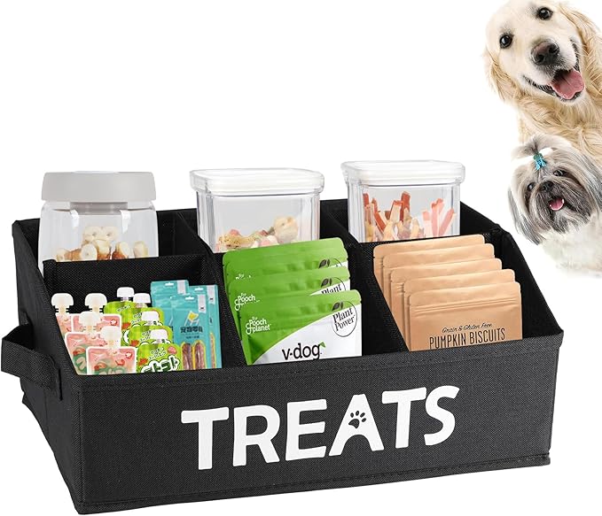 Collapsible Dog Treat Container Bin, Fabric Storage Box with 6 Compartments, Black