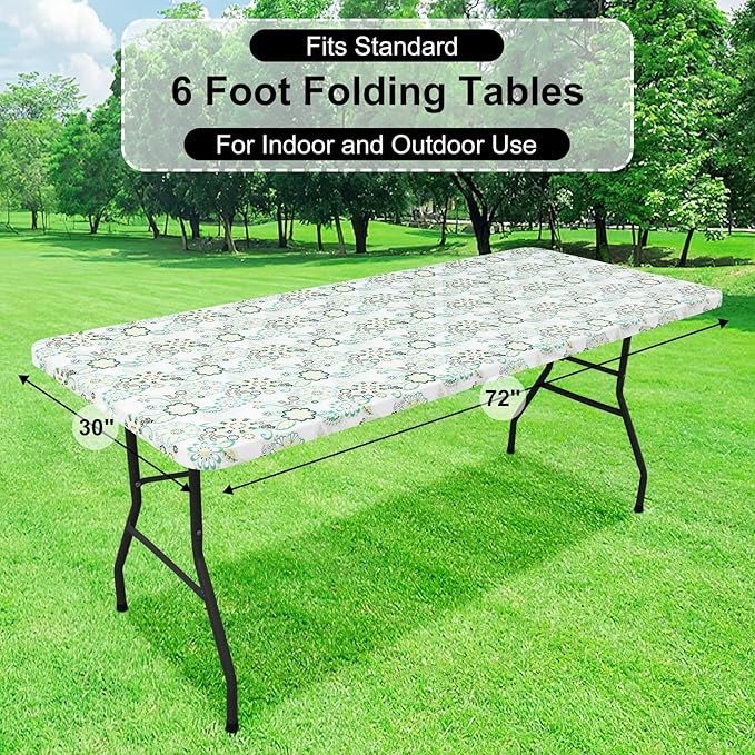 misaya Rectangle Vinyl Tablecloth, Fitted Table Cover, 100% Waterproof, Elastic Edge, Flannel Backing, Table Cloth Fit 6 Foot Folding Tables for Picnic, Camping, Outdoor (Paisley Flower, 30x72 inch)