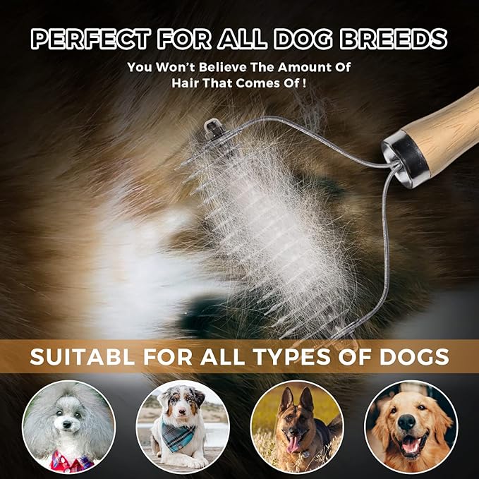 Undercoat Rake for Dogs - Professional Pet Shedding Dematting Comb with Wood Handle, Stainless Steel Blades for Pet Cats Dogs Matted Hair Tangles Removing