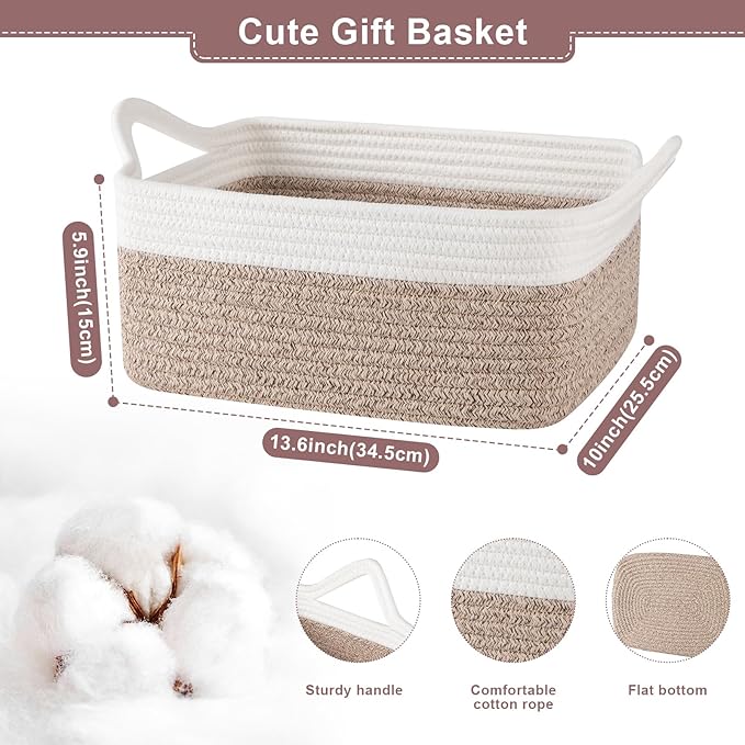 OIASKET Basket for Gifts Empty, Woven Storage Basket with Gift Bag, Ribbon and Wrap Tissue Paper, Small Rope Toy Storage with Handles for Baby Shower, Dog Toy Organizer, 13.6" x 10" x 5.9”