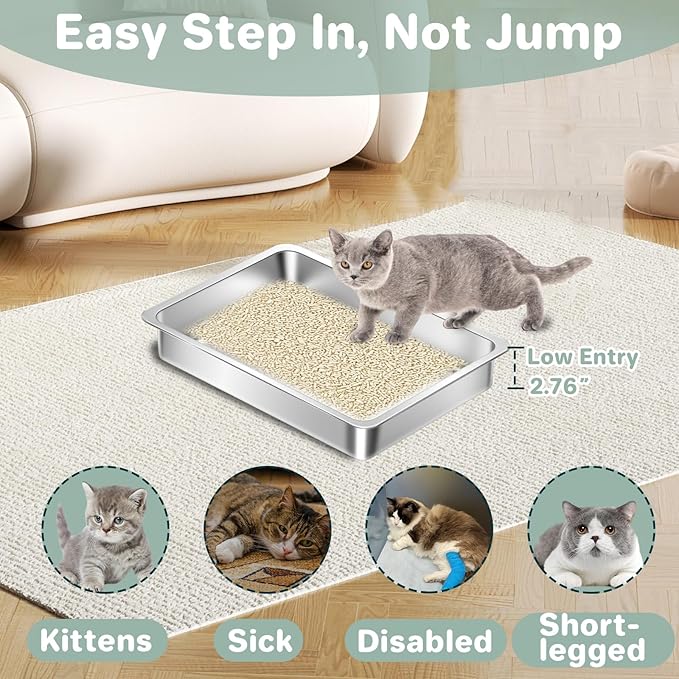 Low Entry Stainless Steel Cat Litter Box for Kittens, Metal Kitty Shallow Litter Box, Easy Access Kitty Litter Pan Tray, Easy Cleaning -17.72'' Lx 13.78'' W x 2.76'' H