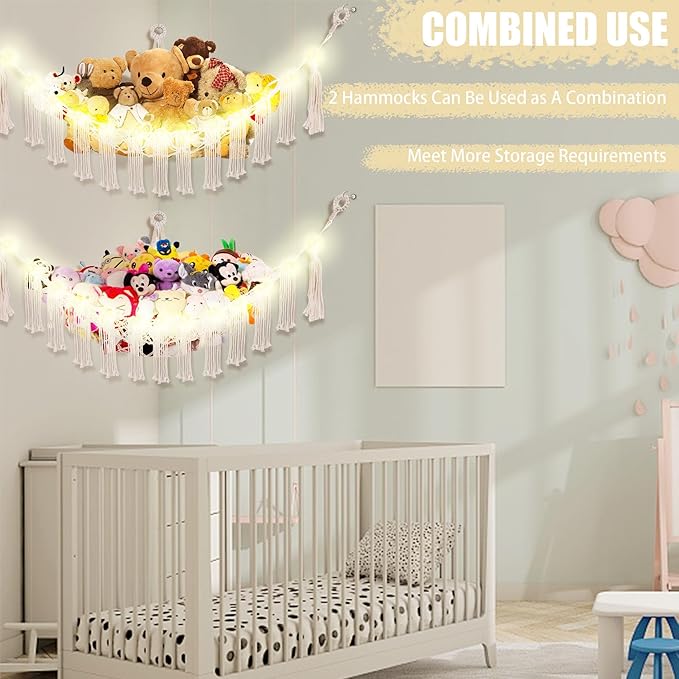 CERETIA Stuffed Animal Hammock with LED Light, Large Stuffed Animals Storage Corner Plushie Net for Kids Room Decor, 2 Packs White