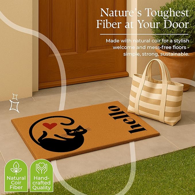 COCONIQ Coir Door Mats 17" X 30", Non-Slip Sturdy, PVC Backed Heavy Duty, Easy to Clean, Ideal for Door Entrance, Patio, Porch, Backyard, Garages, Love of Cats, A Hello