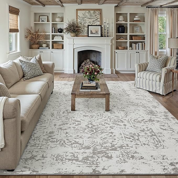 6x9 Fluffy Area Rug Grey Shag Neutral Carpet for Living Room Soft Medium Pile Floral Rug for Bedroom Dorm Office Dining Room Kitchen Nursery Modern Decor