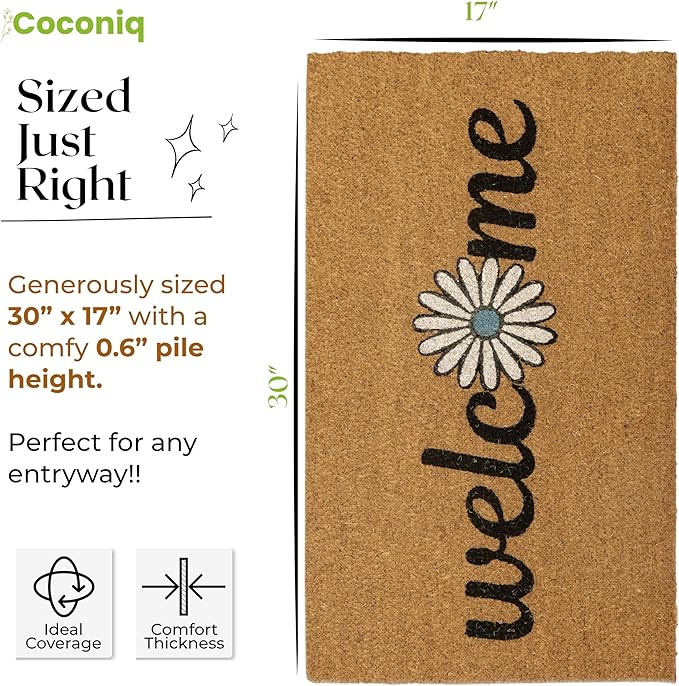 COCONIQ Coir Door Mats 17" X 30", Non-Slip Sturdy, PVC Backed Heavy Duty, Easy to Clean, Ideal for Door Entrance, Patio, Porch, Backyard, Garages, Welcome with Blue Daisy