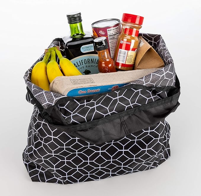 O-WITZ Reusable Grocery Bags | Vibrant Tote Bag For Groceries, Gym, Office, Beach & More | Washable Design | Large Handles For Maximum Convenience | Folds Into A Small Pouch, 3 Pack, Black and White