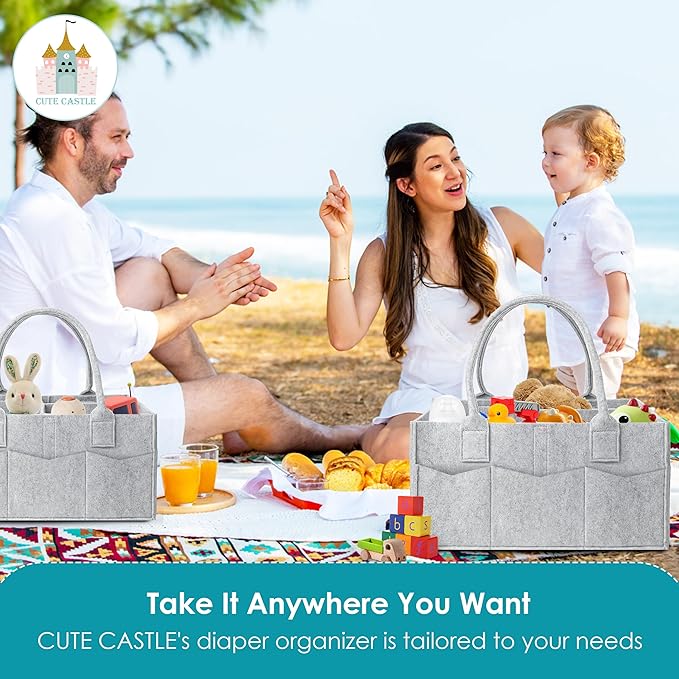 Cute Castle 2 Pack Diaper Caddy Organizer - Portable Baby Caddy Organizer with Handle, Nursery Storage Bin and Car Organizer for Girls, Boys - Baby Gift Basket - Grey, Large