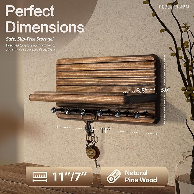 Rebee Vision Farmhouse Key Holder Wall Mount for Home Decor – Decorative Pine Wooden Key Holder for Wall with 6 Hooks & Floating Shelf - Rustic Charm for Room Decor Aesthetic (Brown)