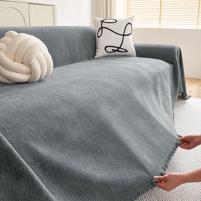 hyha Couch Cover for Dogs, Boho Sofa Covers for 3 Cushion Couch Washable, Chenille Sofa Slipcover for Pets, Soft Loveseat Sectional Couch Throw Blankets with Tassels (Grey, 71x91 Inch)