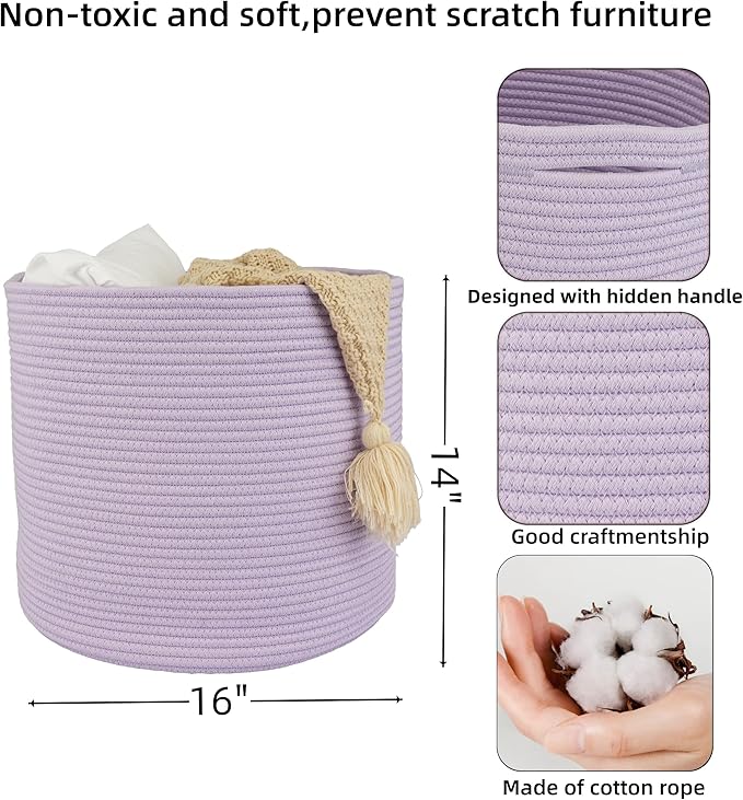 XUANGUO Cotton Rope Basket For Girls Boys Kids 16”X14” Baby Laundry Basket Nursery Bin Round Woven Baskets Organizer For Storage Toys Blankets Shoes Clothes purple