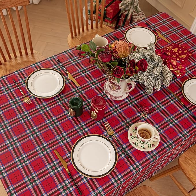 Romanstile Christmas Plaid Rectangle Vinyl Tablecloth, 100% Waterproof Checkered PVC Table Cloth, Heavy Duty Xmas Gingham Plastic Table Cover for Dining, Party, Holiday Decor - 54 x 108 Inch, Red