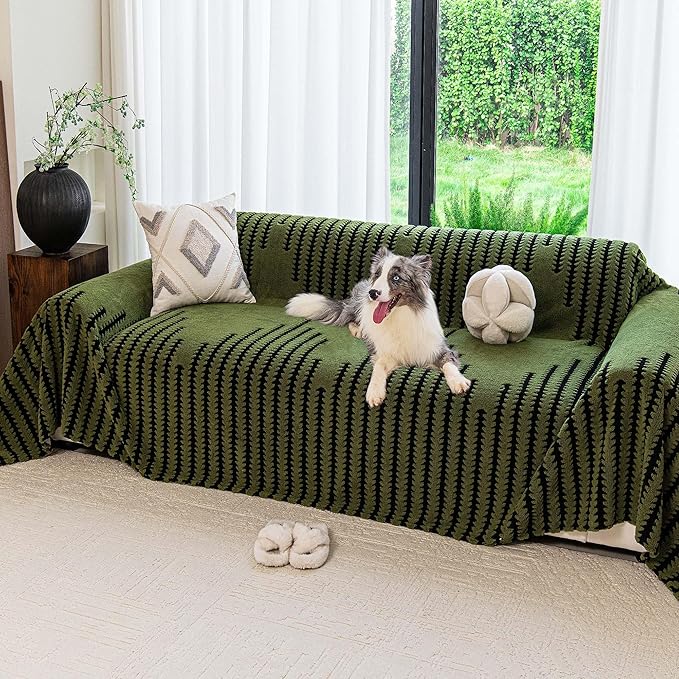 Sherpa Fleece Couch Cover for Dogs Washable Non Slip, Pet Proof Sofa Covers for 3 Cushion Couch Heavy Duty Scratch Resistant Pet Friendly Furniture Cover Fits Love Seat 71" x 134", Green
