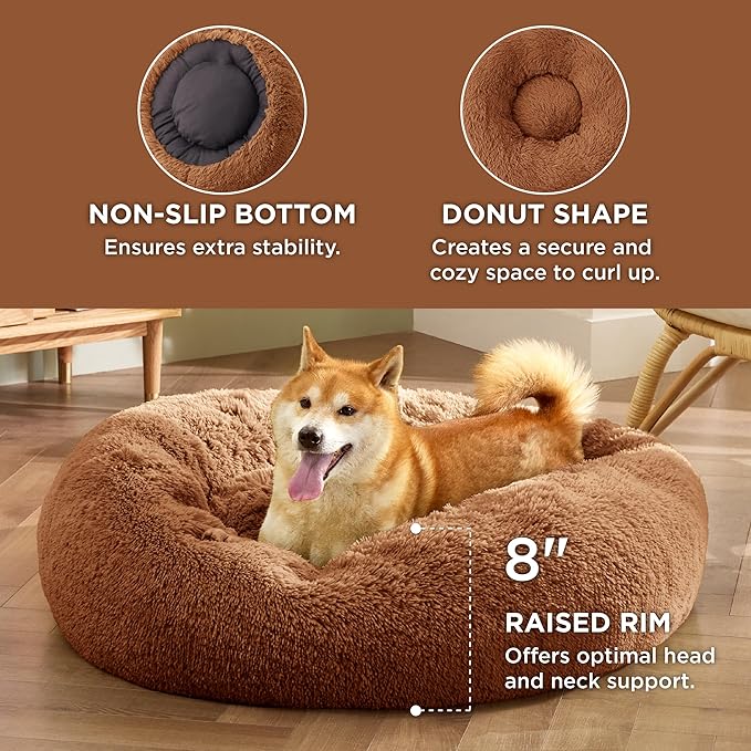 Bedsure Calming Dog Bed for Medium Dogs - Donut Washable Medium Pet Bed, 30 inches Anti-Slip Round Fluffy Plush Faux Fur Cat Bed, Fits up to 45 lbs Pets, Copper