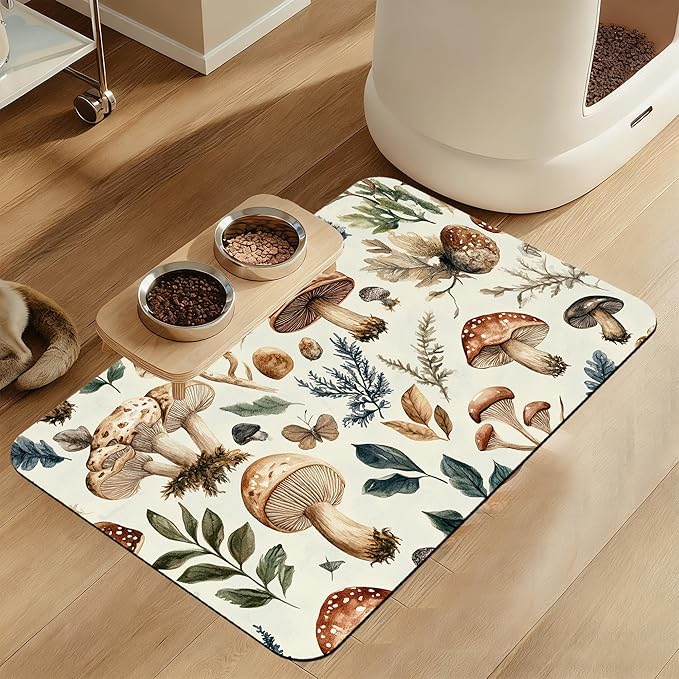 Vintage Mushroom Floral Dog Cat Food Mat–Absorbent Waterproof Placemat for Food and Water Bowls, Non Slip Rubber Backing, Feeding Mat for Clean Floors 16"x24"