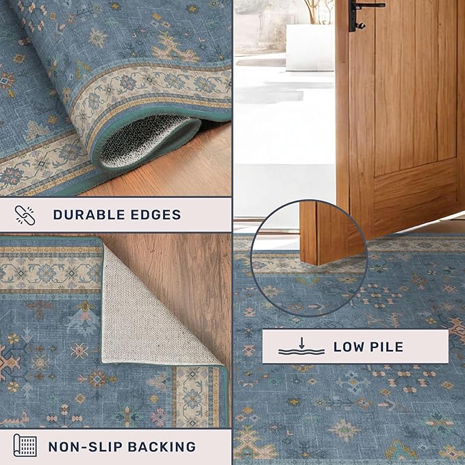 Blue 2x4 Runner Rug for Entryway Indoor, Kitchen Floor Waterproof, Bathroom, Powder Room, Washable Non Slip Low Pile Stain & Fade Resistant, Modern Eclectic Floral Decor