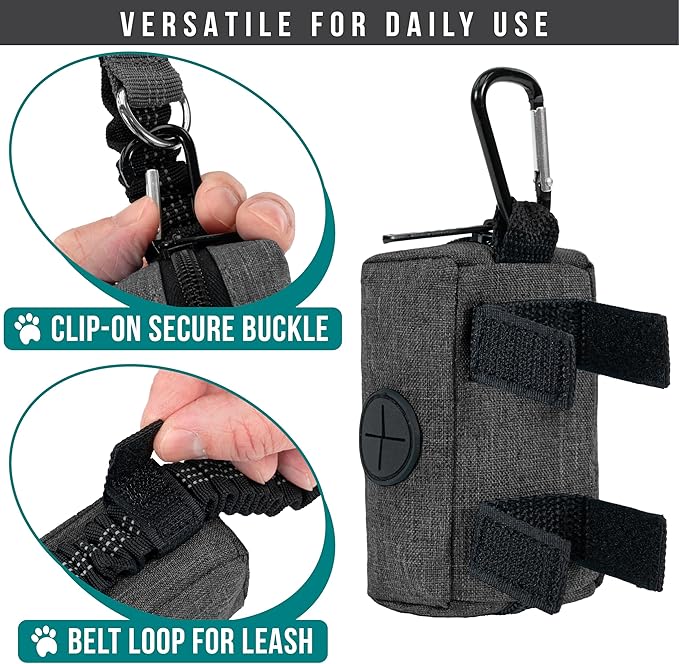 PetAmi Dog Poop Bag Holder for Leash, Dog Treat Pouch Leash, Pet Waste Bag Dispenser with Clip, Doggy Puppy Walking Accessories Supplies with 1 Dog Bag Roll (Charcoal Gray, 1 Pack)