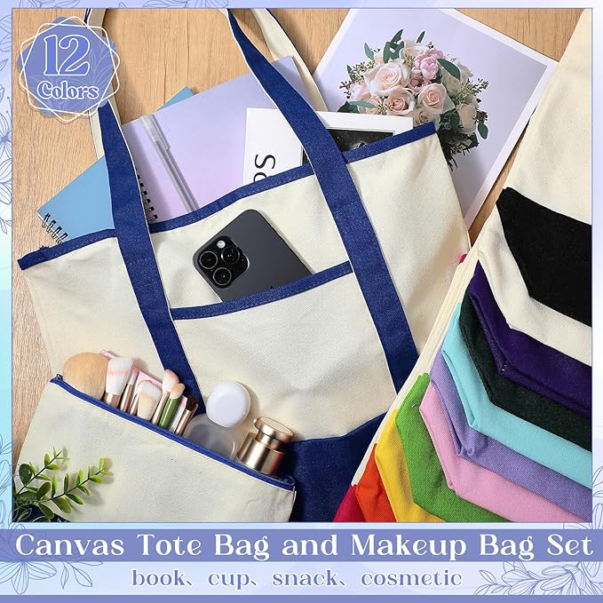Sanwuta Canvas Tote Bags Bulk with Outer Pocket and Makeup Pouch 18'' Reusable Grocery Bags with Handles for Women Beach DIY