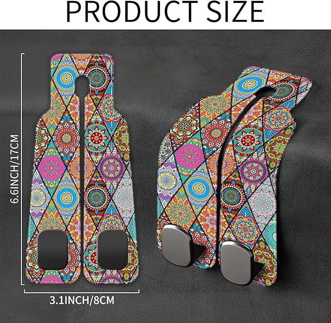 AEWNUNK Purse Hook for Car Vintage Boho Mandala Flowers 1 Pack Headrest Back Seat Hook Premium Leather Double Metal Hanger Storage Pack Bag Purse Holder Car Accessories