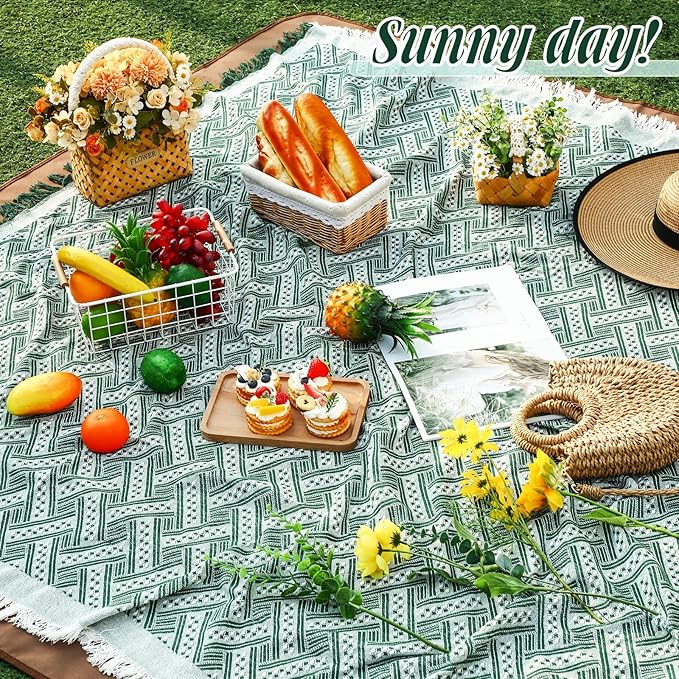 VitalCozy Waterproof Picnic Blankets Outdoor Blanket Foldable 2 in 1 Double Layer Sandproof Beach Mat with Carry Strap for Camping Lawn Park Beach Grass(Green White)