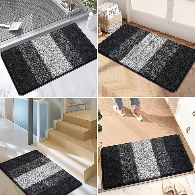 Kitinjoy Indoor Outdoor Door Mat, 36x24 Non-Slip Absorbent Dirt Trapper, Low-Profile Washable Inside Entrance Front Floor Mat, Sturdy Soft Entry Doormats for Entryway, Black