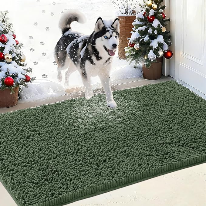 IM HOME Chenille Absorbent Outdoor Doormat 71" x 25", Washable Muddy Door Mats for Dog Non Slip Heavy Indoor Doormat Soft Front Inside Doormats for Entryway, Mud Dog Paws, Patio Olive