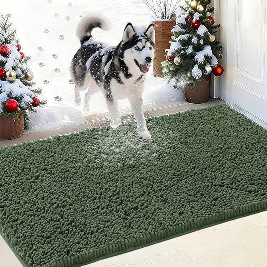 IM HOME Chenille Absorbent Outdoor Doormat 71" x 25", Washable Muddy Door Mats for Dog Non Slip Heavy Indoor Doormat Soft Front Inside Doormats for Entryway, Mud Dog Paws, Patio Olive