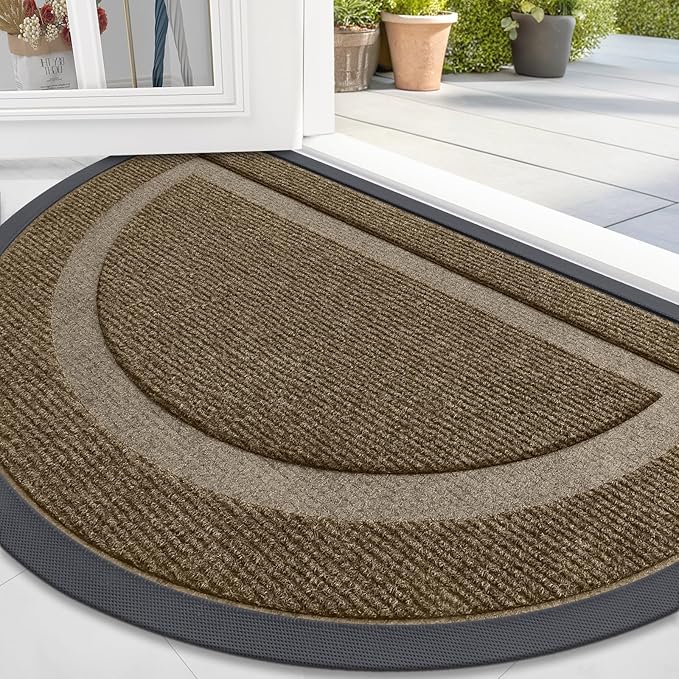 OLANLY Half Circle Door Mat Indoor Outdoor Entrance Welcome, Waterproof All-Season, All-Weather Doormat, Sturdy Natural Rubber, Low Profile, Easy Clean Patio Porch Entryway Mat, 35x23, Brown