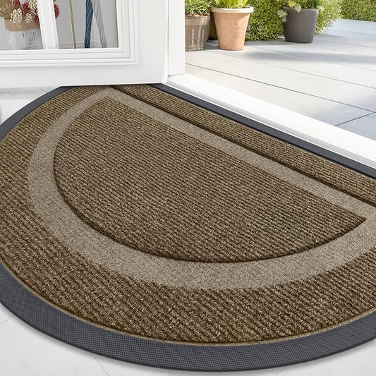 OLANLY Half Circle Door Mat Indoor Outdoor Entrance Welcome, Waterproof All-Season, All-Weather Doormat, Sturdy Natural Rubber, Low Profile, Easy Clean Patio Porch Entryway Mat, 35x23, Brown