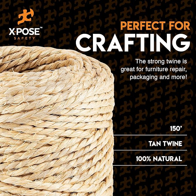 Sisal Twine - Thin Natural Fiber Rope on Spool - Rope for Cat Scratching Post, Cat Tree Replacement Parts, Pet Toy - Decorative Cordage, Pole Wrap (2, 2 Ply 150ft)