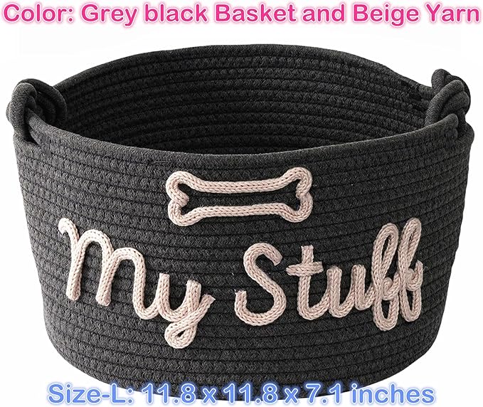 JUPPE Pet Storage Basket with Rope Handles, Cotton Woven Dog Toy Bin, Black with 'My Stuff' Text, Decorative Organization, Dog Toy Organizer (Black grey dog basket)