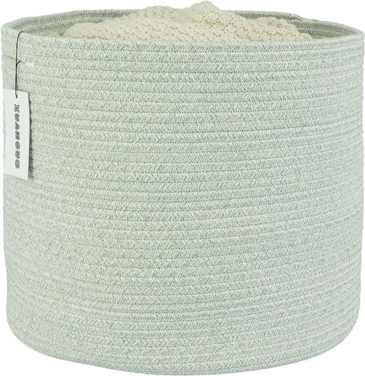 XUANGUO Cotton Rope Baskets For Girls Boys Kids 16”X14” Baby Laundry Basket Nursery Bin Round Woven Basket Organizer For Storage Toys Blankets Shoes Clothes light green