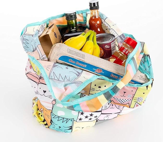 O-WITZ Reusable Grocery Bags | Vibrant Tote Bag For Groceries, Gym, Office, Beach Gear, Toys & More | Washable Design With Large Handles For Maximum Convenience | Folds Into A Small Pouch, Cat