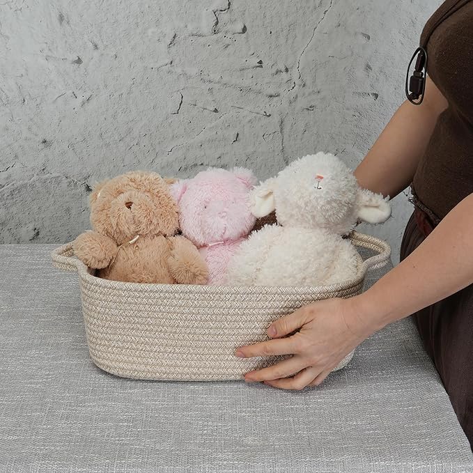 XUANGUO Woven Cotton Rope Storage Basket with Handles for Organizing Shelves Closet Small Cat Dog Pet Toy Baskets Box Bin Decorative Rectangle Baby Nursery Basket Gift Basket Empty oatmeal