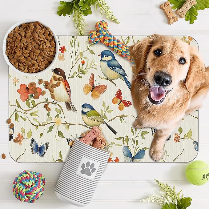 Butterfly Bird Dog Food Mat for Floors,Vintage Nature Absorbent Pet Food and Water Bowl Mats,Non-Slip Pet Feeding Mat,Pet Supplies 16" x 24"