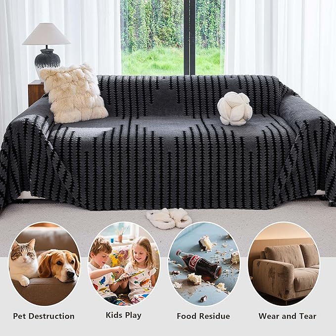 Non Slip Couch Covers for 3-4 Cushion Couch Sofa, Pet Friendly Sofa Covers Washable, Heavy Duty Scratch Resistant Furniture Cover for Dogs Fits 3 Seat, 91" x 150", Gray