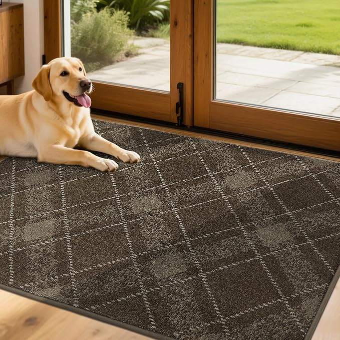 COSY HOMEER Plaid Door Mat 32" x 48",Dirt Trapper Entryway Rugs,Non-Slip Washable Farmhouse Doormat,Low Profile Welcome Mats for Paws Brown