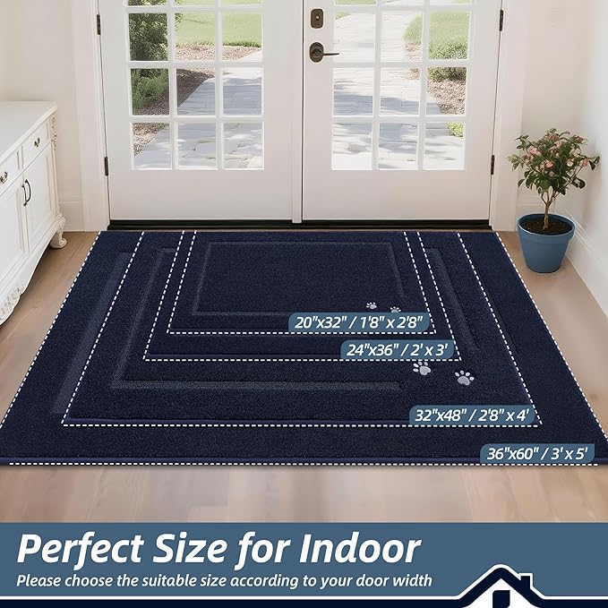 BEQHAUSE Dog Door Mat for Muddy Paws 36"x60" Dirt Trapper Absorbent Doormat Non Slip Entryway Rugs Washable Stain Resistant Welcome Floor Mat Soft Low-Profile for Front Back Door, Navy Blue