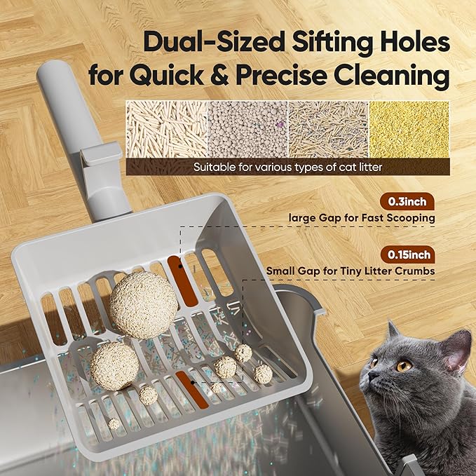 KooMooM Large Cat Litter Scoop, Heavy-Duty Litter Scoop with Dual Sifting Holes for Fast & Fine Clumping, Kitty Litter Scooper with Long Handle & Easy-to-Hang Hook for Litter Box
