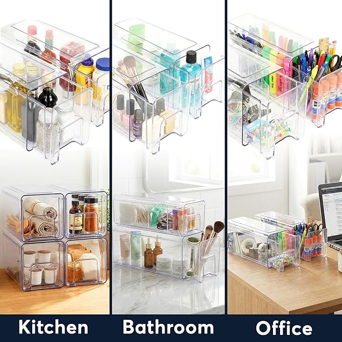Sorbus 1 Medium & 2 Small Clear Stackable Storage Drawers, Plastic Organizer Bins with Handles, Pull-Out Stackable Drawers for Bathroom Closet, Medicine, Cabinet, Pantry Storage, Baby Bottle Organizer