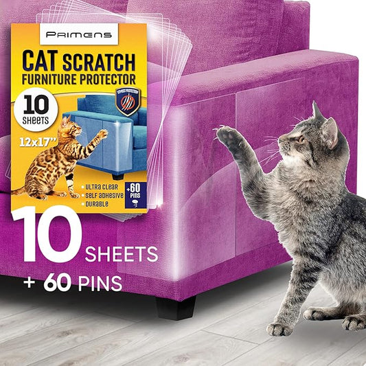 Heavy Duty Cat Scratch Deterrent Furniture Protectors for Sofa, Doors, Clear Couch Protectors from Cats Scratching, Anti Cat Scratch Tape Guards (Transparent, 10 Sheets 17x12)