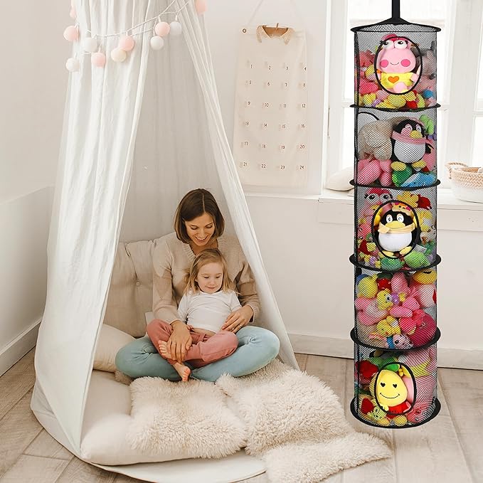 2Pcs Stuffed Animal Storage Foldable Stuffed Animal Net or Hammock Organizer, 5 Compartments Hanging Mesh Toy Storage Hammock for Kid Room Toys, Gloves, Hats, Socks, Black