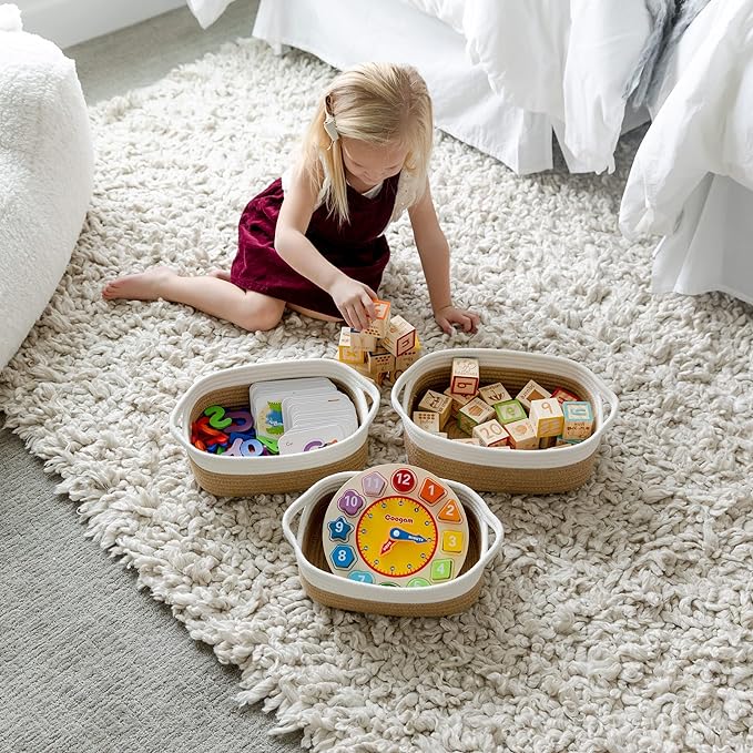NaturalCozy 5-Piece Rectangle Storage Basket Set- Natural Cotton Rope Woven Baskets for Organizing! Small Basket for Montessori, Baby Nursery, Dog Toy Baskets, Cat Toy Box, Bathroom Organization Bin