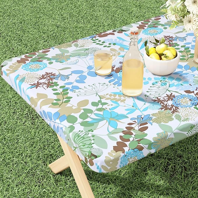 misaya Rectangle Vinyl Tablecloth, Fitted Table Cover, 100% Waterproof, Elastic Edge, Flannel Backing, Table Cloth Fit 6 Foot Folding Tables for Picnic, Outdoor (Leaves, 30x72 inch)